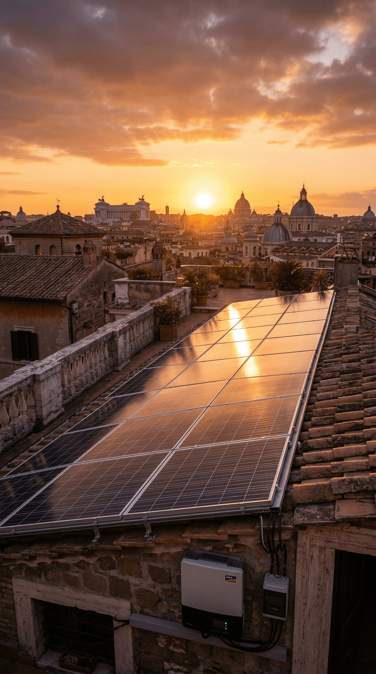 Pannelli solari su un tetto italiano al tramonto con skyline di Roma sullo sfondo